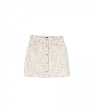 White MSGM Tweed Miniskirt With Multicolored Buttons | USA_MSGM43571