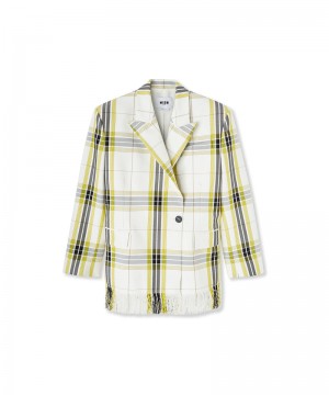 White / Yellow MSGM Asymmetrically Buttoned Jacket In Tecno Canvas Check | USA_MSGM87959