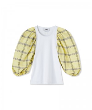 White / Yellow MSGM T-shirt With Puffed Sleeves In Check Fabric | USA_MSGM67856