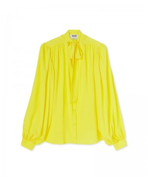 Yellow MSGM Blended Silk Crepe De Chine Blouse With Bow | USA_MSGM90869