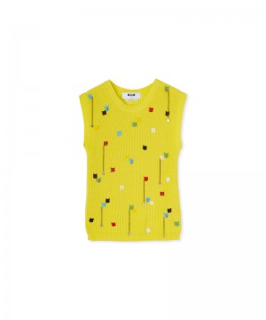 Yellow MSGM English Cotton Ribbed Shirt Sleeveless Top With Embroidered Beads | USA_MSGM80537