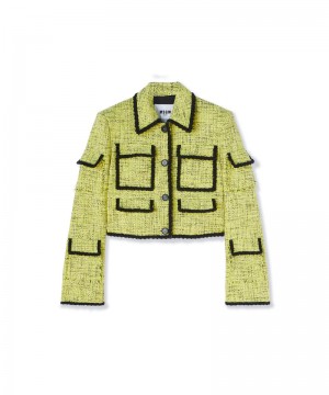 Yellow MSGM Salt And Pepper Tweed Short Jacket With Pockets | USA_MSGM46503