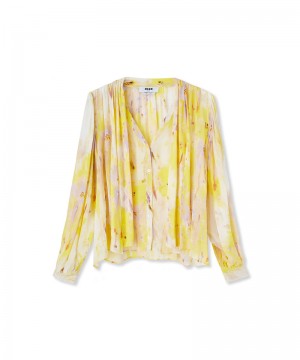 Yellow MSGM Shirt With Bow With Georgette Artsy Flower Print | USA_MSGM68615