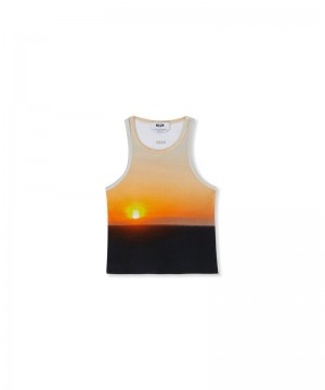 Yellow / Black MSGM Ribbed Jersey Tank Top With Tanzanian Sunset Print | USA_MSGM66068