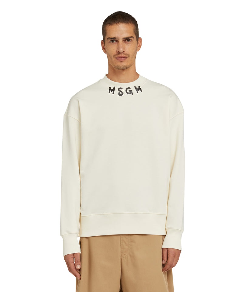 Beige MSGM Cotton Crewneck Sweater Wth Msgm Brushstroke Logo Positioned At The Neck | USA_MSGM31448