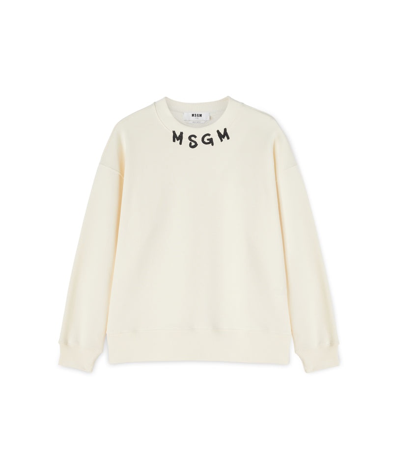 Beige MSGM Cotton Crewneck Sweater Wth Msgm Brushstroke Logo Positioned At The Neck | USA_MSGM31448