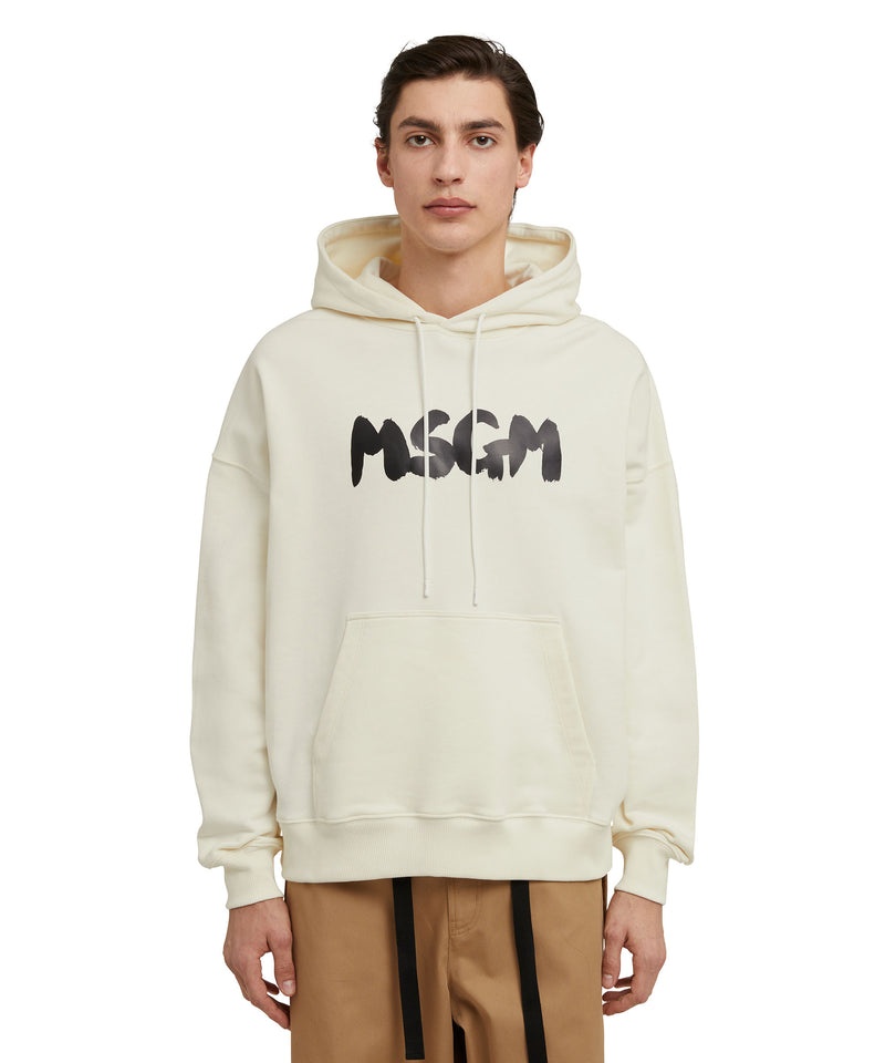 Beige MSGM Cotton Hooded Sweatshirt With Msgm Brushstroke Logo | USA_MSGM32888