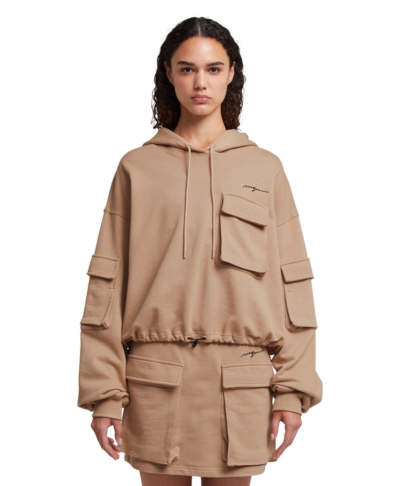 Beige MSGM Crop Sweatshirt With Hood And Large Pockets | USA_MSGM90162