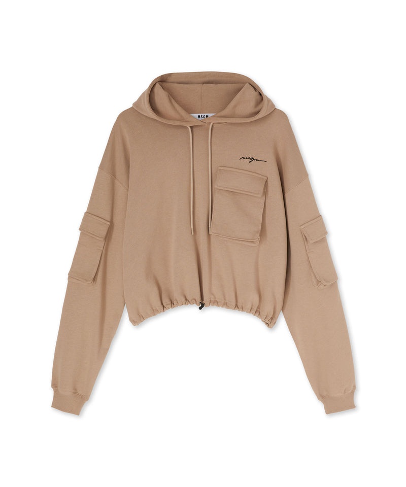 Beige MSGM Crop Sweatshirt With Hood And Large Pockets | USA_MSGM90162