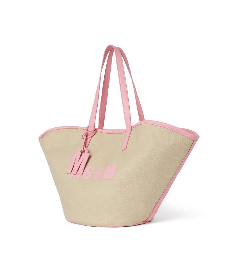 Beige MSGM Large Canvas Tote Bag With Piping And Printed Logo | USA_MSGM40213