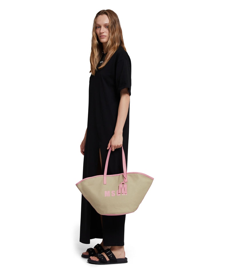 Beige MSGM Large Canvas Tote Bag With Piping And Printed Logo | USA_MSGM40213