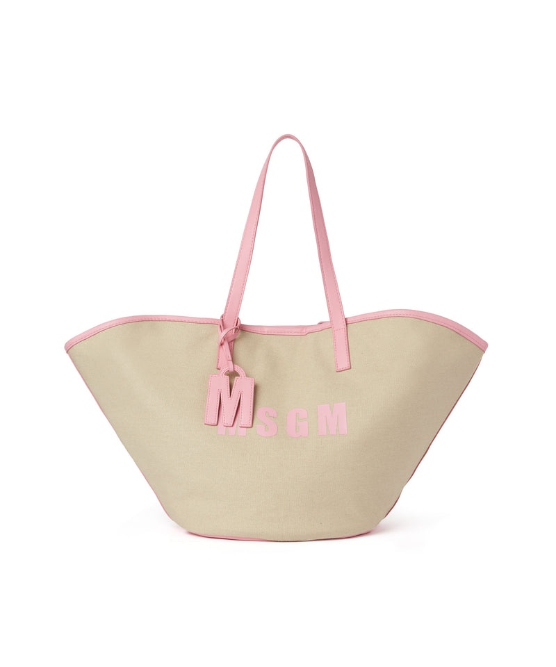 Beige MSGM Large Canvas Tote Bag With Piping And Printed Logo | USA_MSGM40213