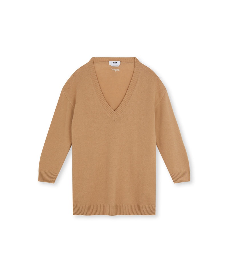 Beige MSGM Plain Cashmere Jumper With V-neck | USA_MSGM10523