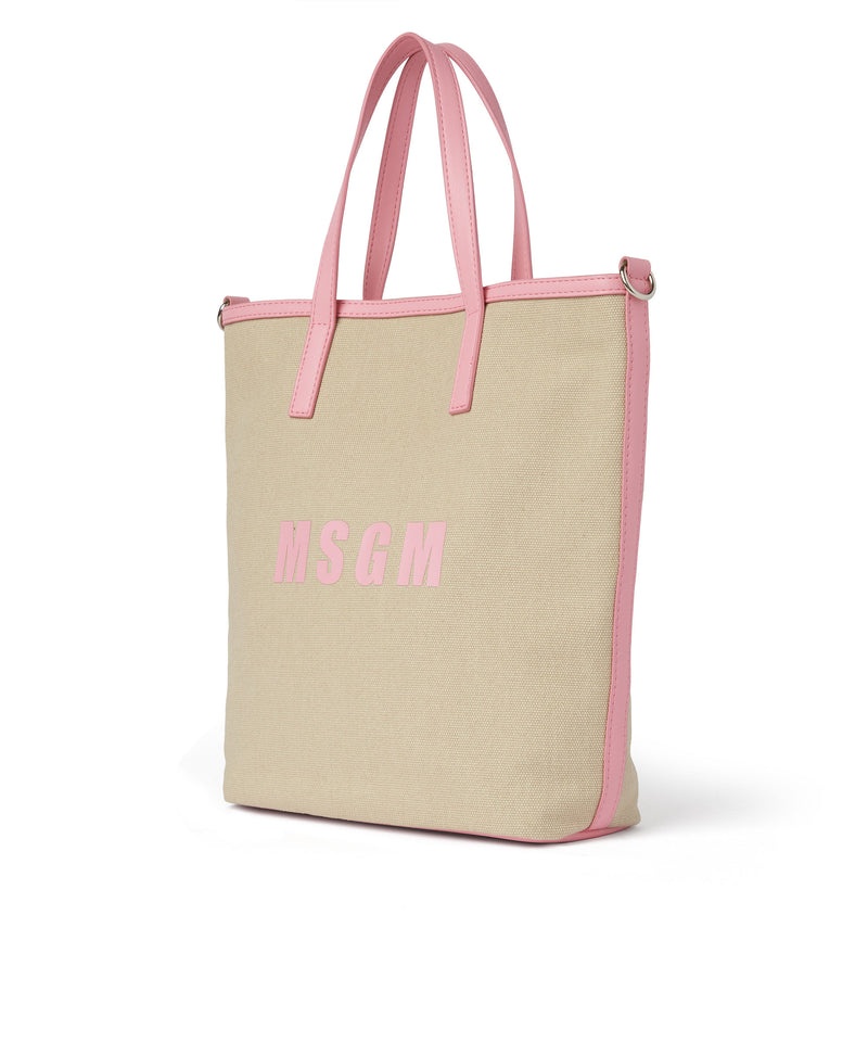 Beige / Pink MSGM Canvas Tote Bag With Piping And Printed Logo | USA_MSGM41828