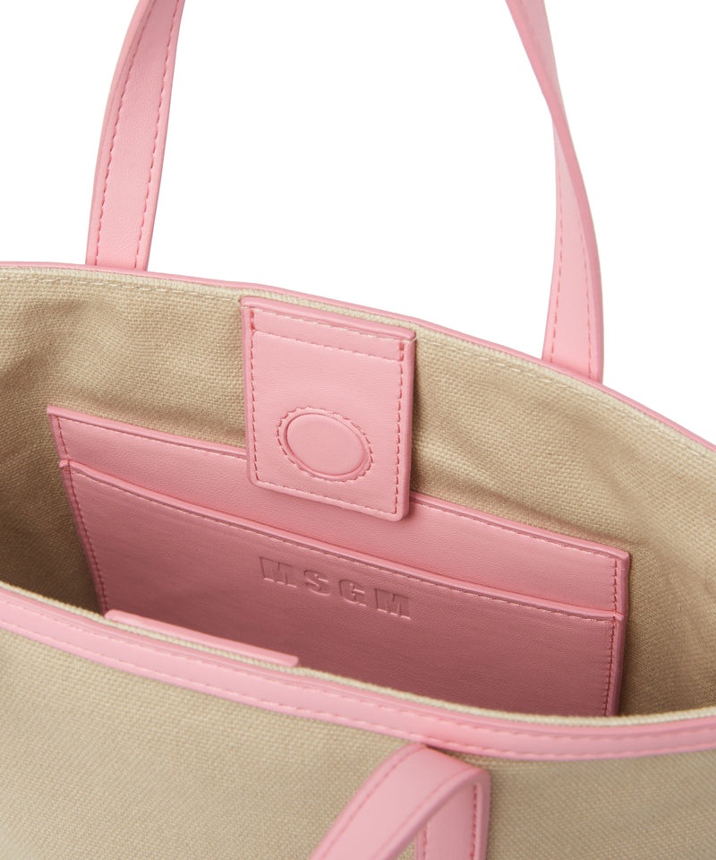 Beige / Pink MSGM Canvas Tote Bag With Piping And Printed Logo | USA_MSGM41828