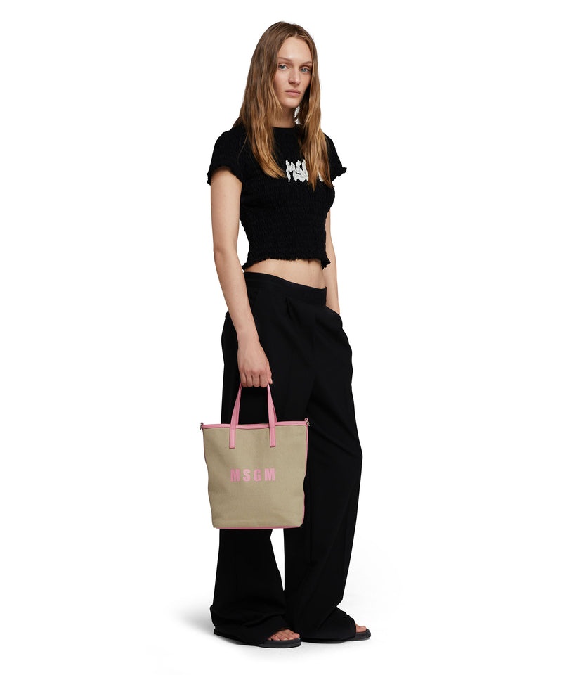 Beige / Pink MSGM Canvas Tote Bag With Piping And Printed Logo | USA_MSGM41828