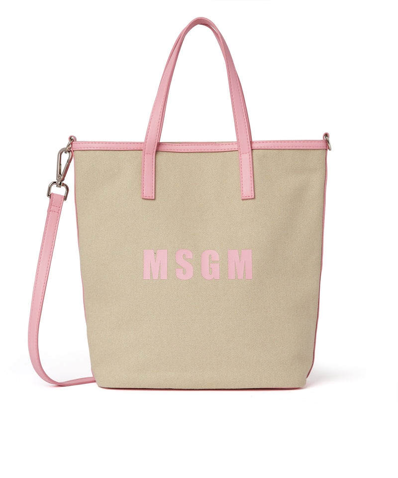 Beige / Pink MSGM Canvas Tote Bag With Piping And Printed Logo | USA_MSGM41828