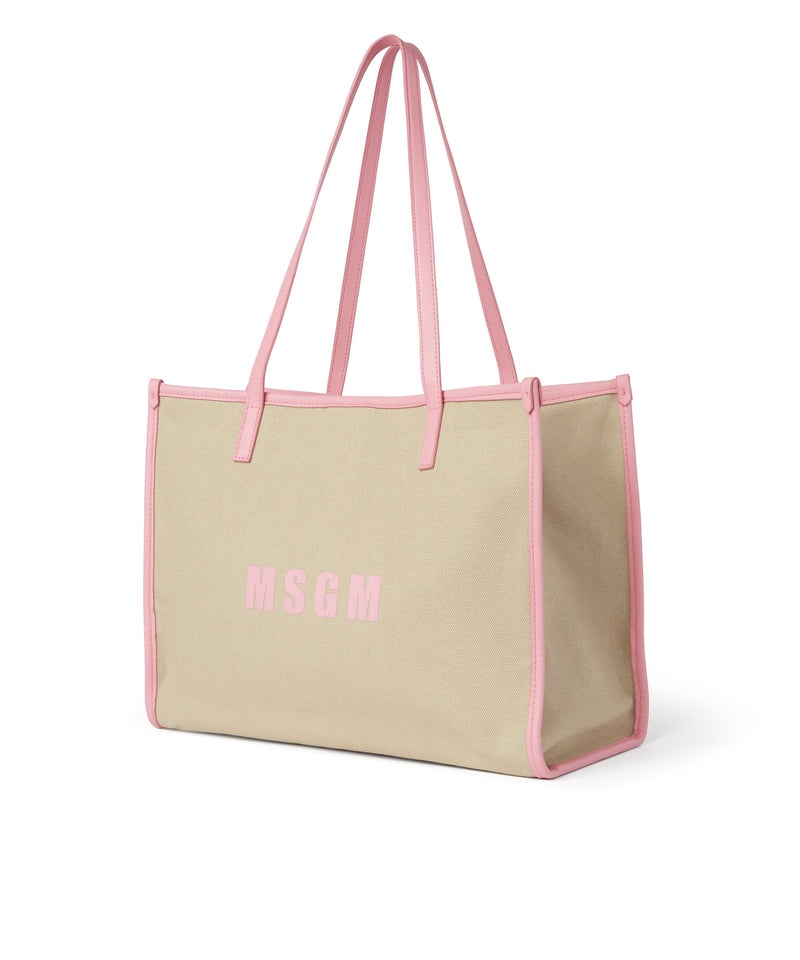 Beige / Pink MSGM Canvas Tote Bag With Piping And Printed Logo | USA_MSGM59661