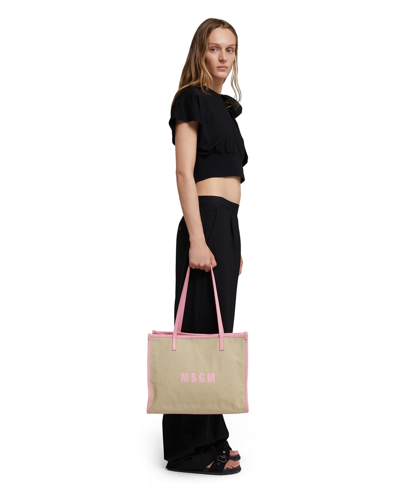 Beige / Pink MSGM Canvas Tote Bag With Piping And Printed Logo | USA_MSGM59661