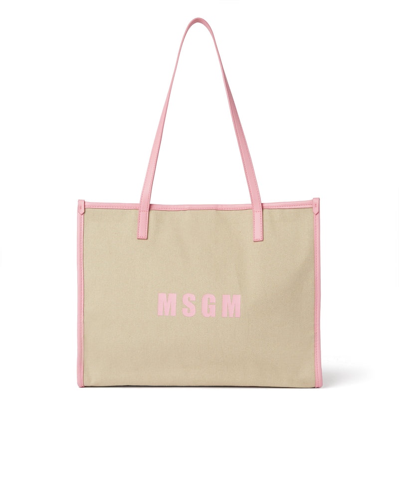 Beige / Pink MSGM Canvas Tote Bag With Piping And Printed Logo | USA_MSGM59661