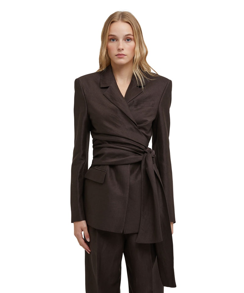 Black MSGM Blended Linen And Viscose Jacket With Sashed Waistline | USA_MSGM33381