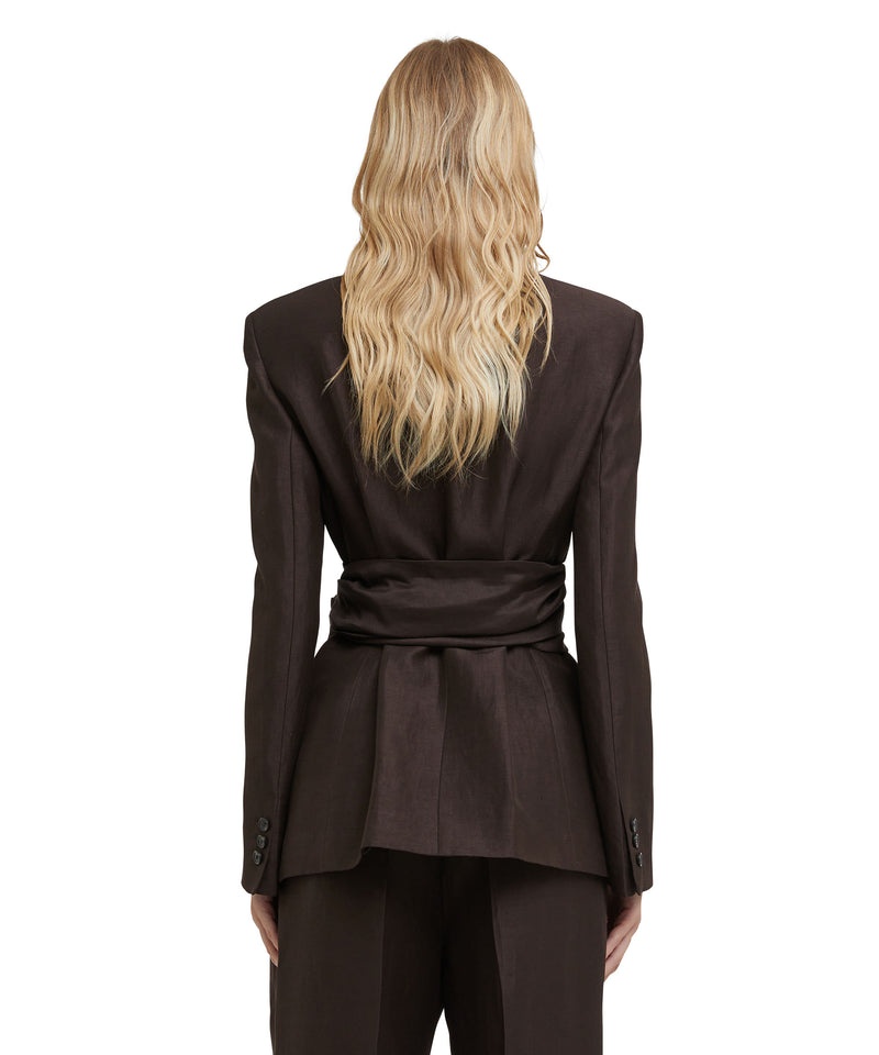 Black MSGM Blended Linen And Viscose Jacket With Sashed Waistline | USA_MSGM33381