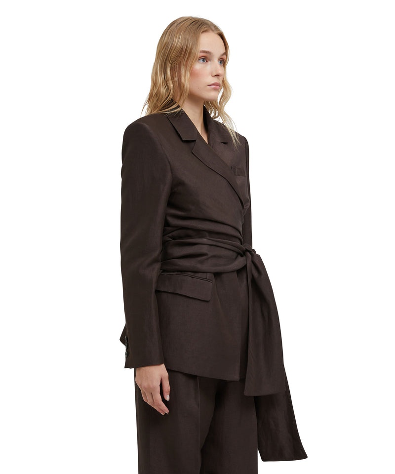 Black MSGM Blended Linen And Viscose Jacket With Sashed Waistline | USA_MSGM33381