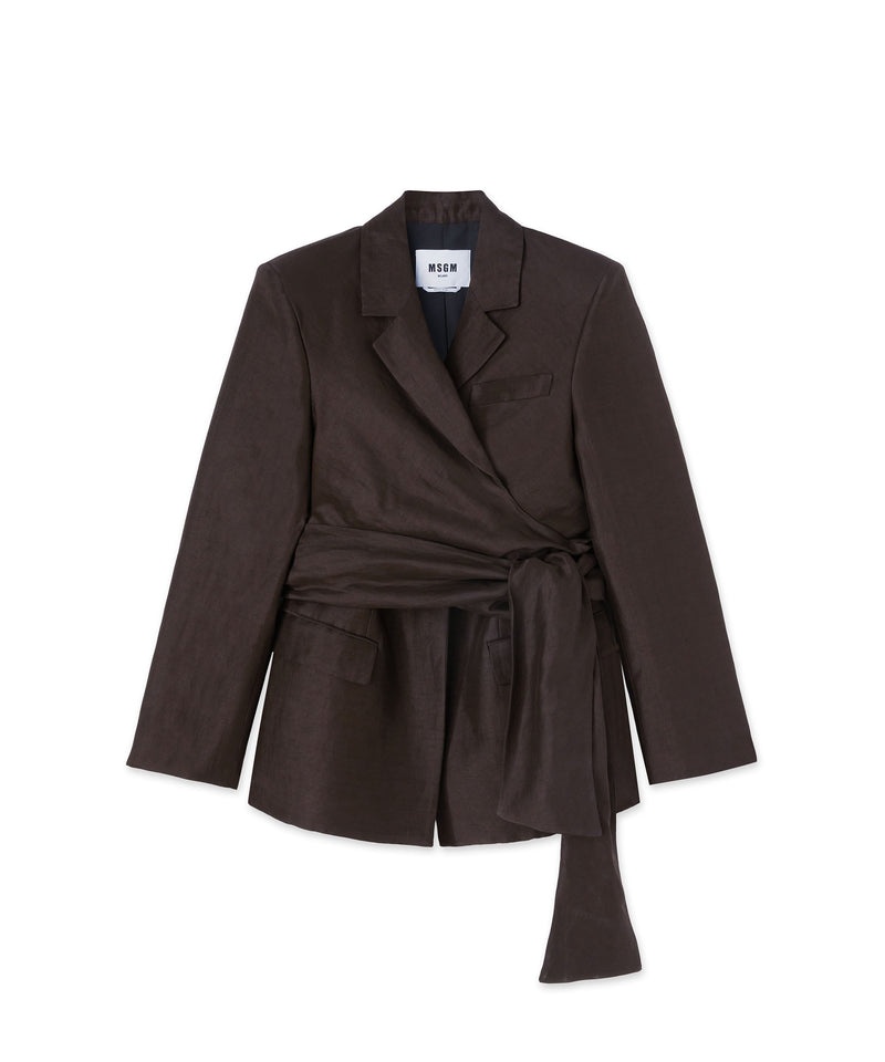 Black MSGM Blended Linen And Viscose Jacket With Sashed Waistline | USA_MSGM33381