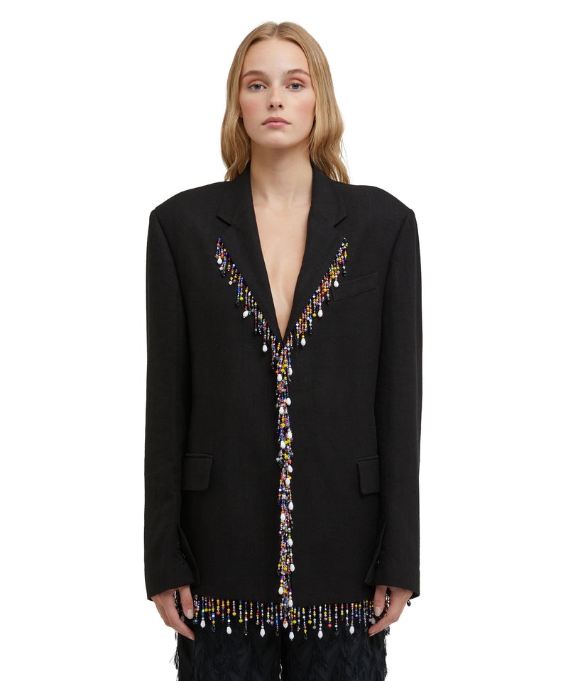 Black MSGM Blended Linen Single-breasted Jacket With Beaded Application | USA_MSGM92770