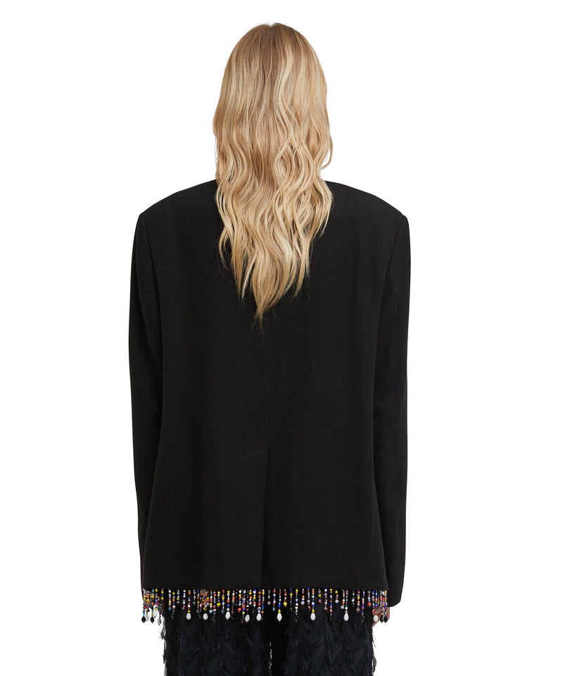 Black MSGM Blended Linen Single-breasted Jacket With Beaded Application | USA_MSGM92770