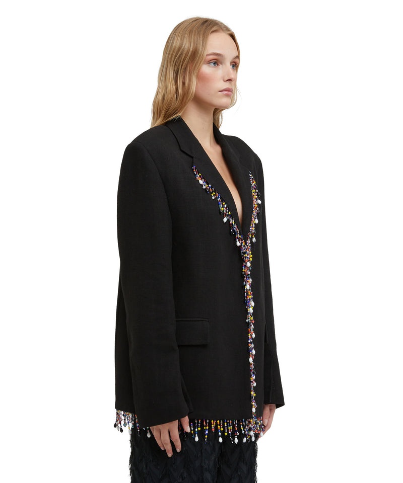 Black MSGM Blended Linen Single-breasted Jacket With Beaded Application | USA_MSGM92770