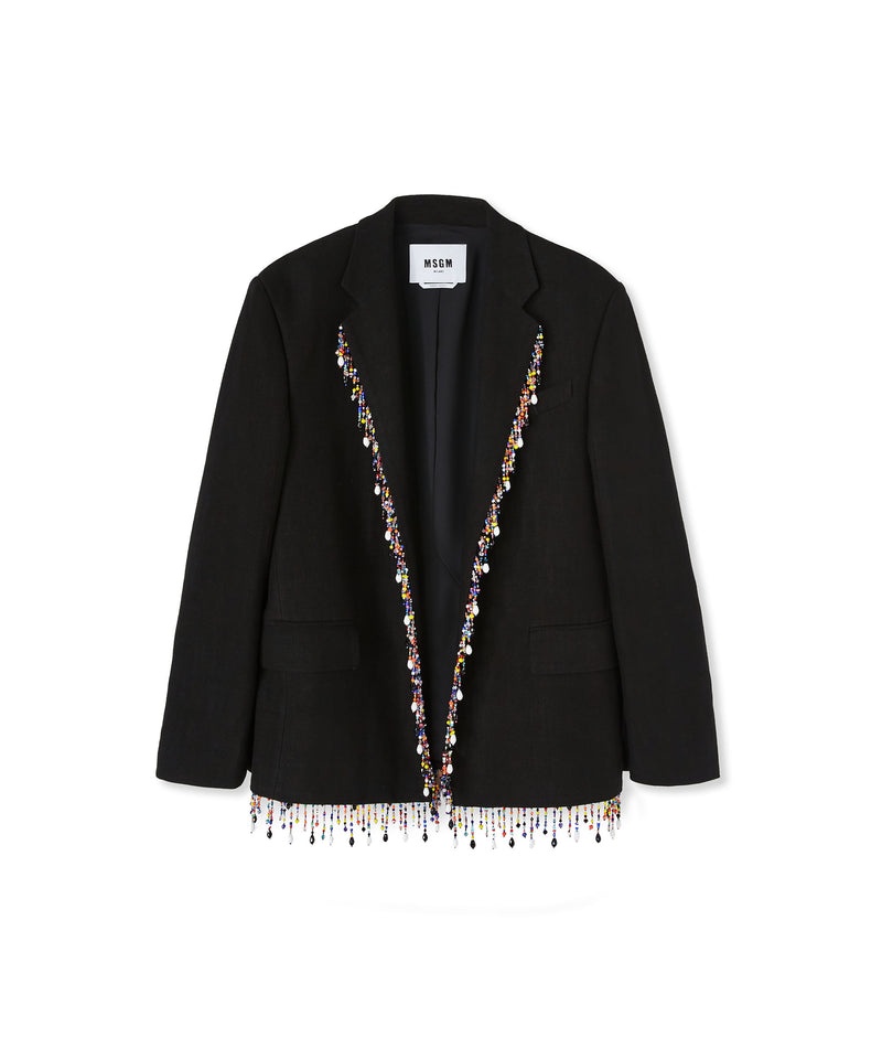 Black MSGM Blended Linen Single-breasted Jacket With Beaded Application | USA_MSGM92770