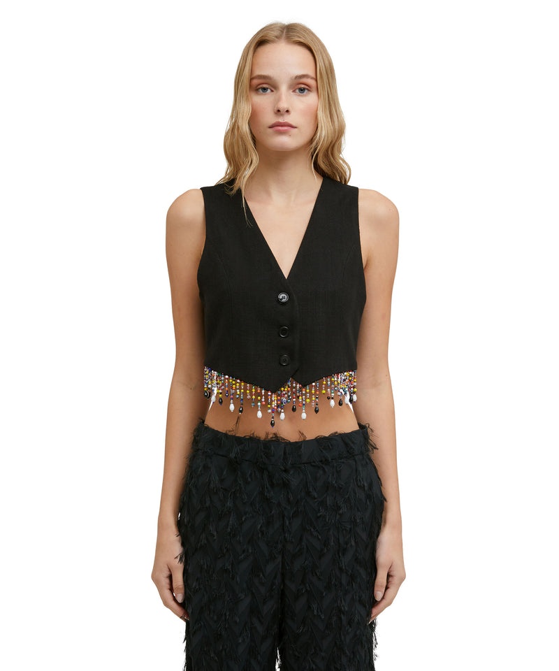 Black MSGM Blended Linen Vest With Embroidered Beads | USA_MSGM32056