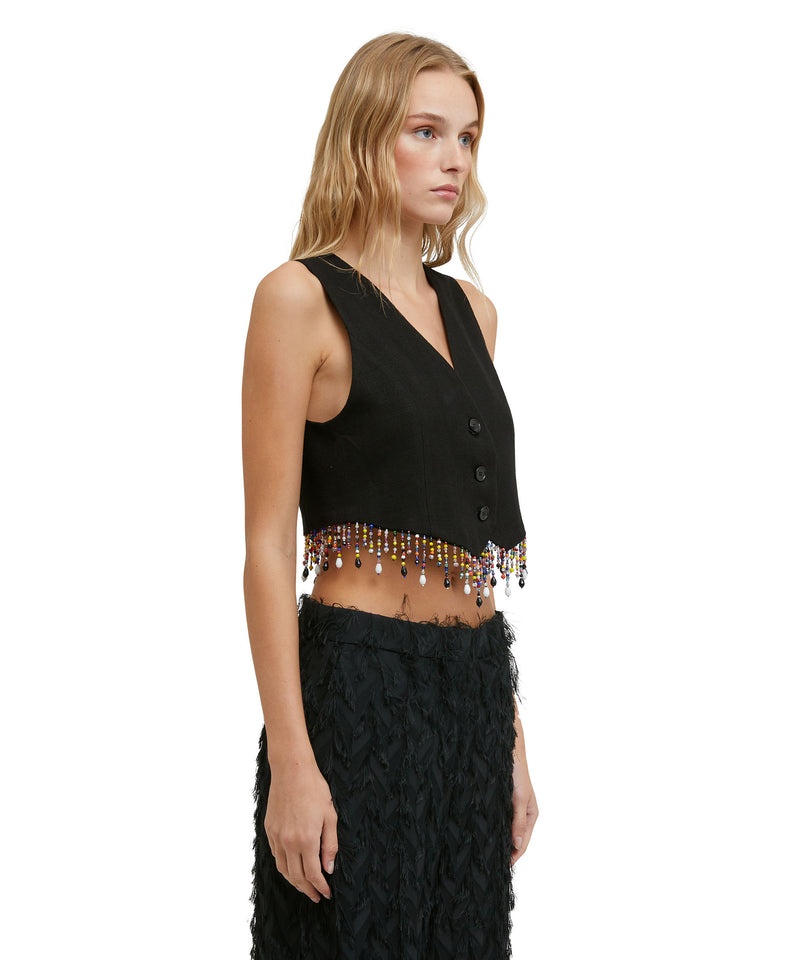 Black MSGM Blended Linen Vest With Embroidered Beads | USA_MSGM32056