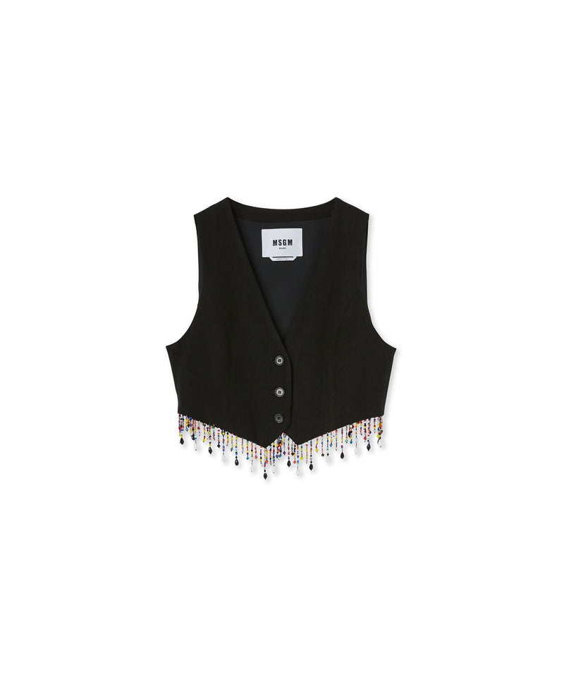 Black MSGM Blended Linen Vest With Embroidered Beads | USA_MSGM32056