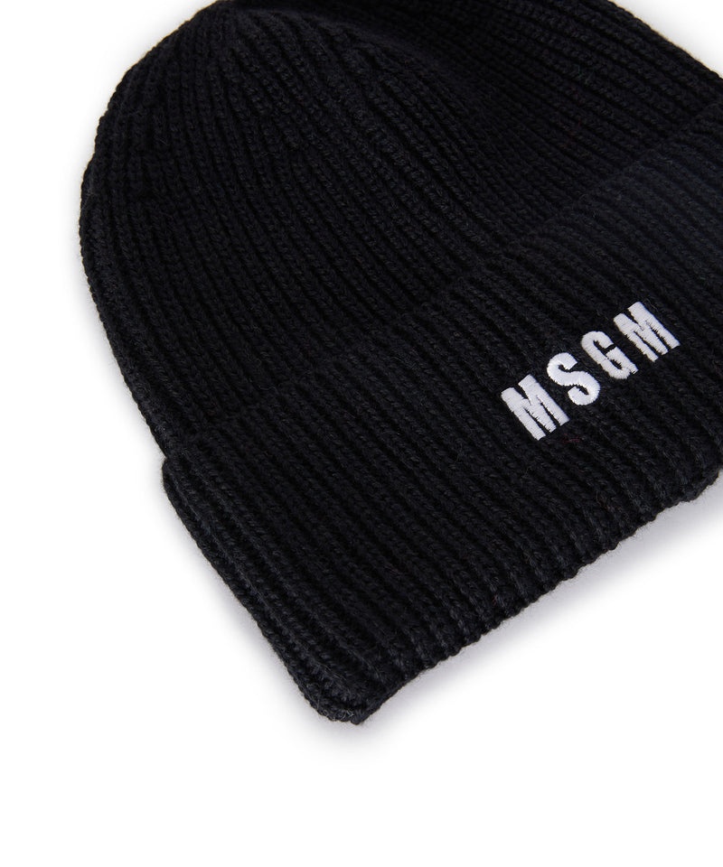 Black MSGM Blended Wool Beanie Hat With Embroidered Mini Logo | USA_MSGM73017