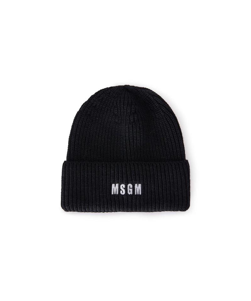 Black MSGM Blended Wool Beanie Hat With Embroidered Mini Logo | USA_MSGM73017