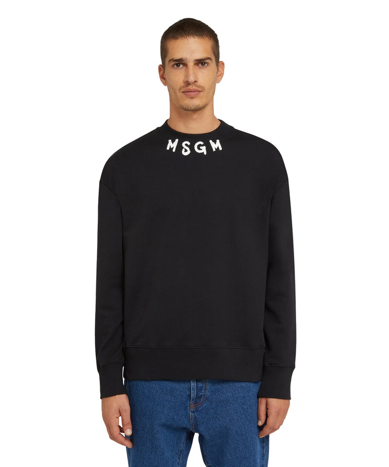 Black MSGM Cotton Crewneck Sweater Wth Msgm Brushstroke Logo Positioned At The Neck | USA_MSGM19925