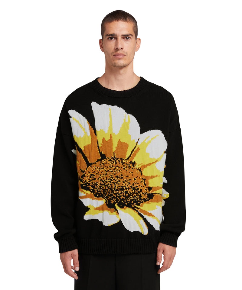 Black MSGM Crewneck Shirt With Large Jacquard Daisy | USA_MSGM80309