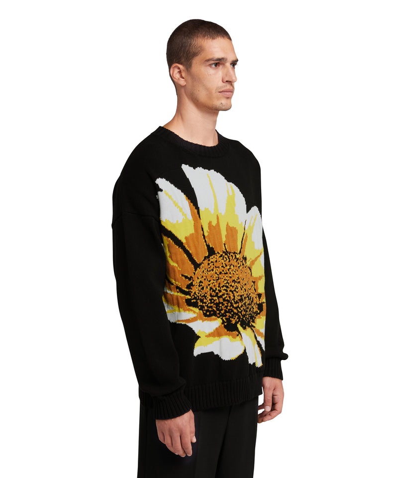 Black MSGM Crewneck Shirt With Large Jacquard Daisy | USA_MSGM80309