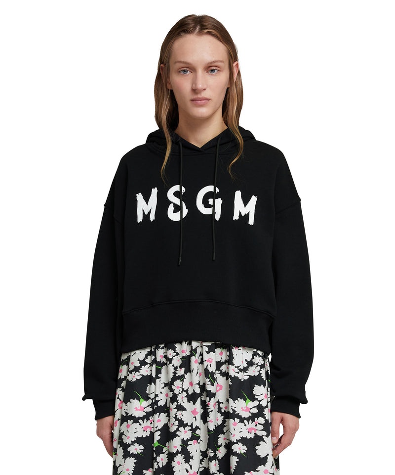 Black MSGM Crop Hooded Sweatshirt With Brushstroke Logo Graphic | USA_MSGM14606