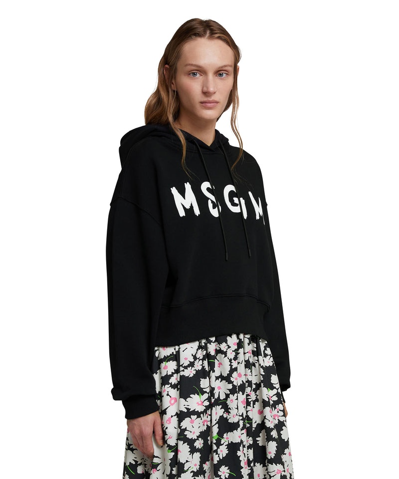 Black MSGM Crop Hooded Sweatshirt With Brushstroke Logo Graphic | USA_MSGM14606