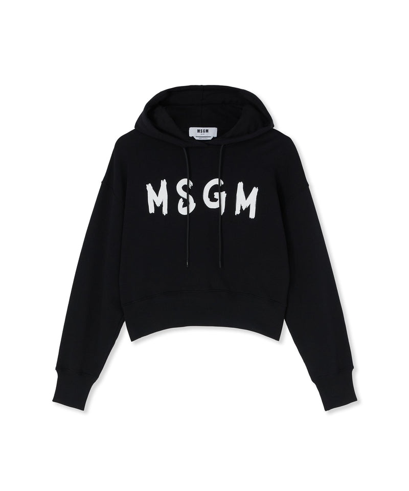 Black MSGM Crop Hooded Sweatshirt With Brushstroke Logo Graphic | USA_MSGM14606