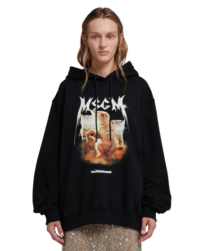 Black MSGM Hooded Sweatshirt With Laser Eyed Cat Graphic | USA_MSGM52816