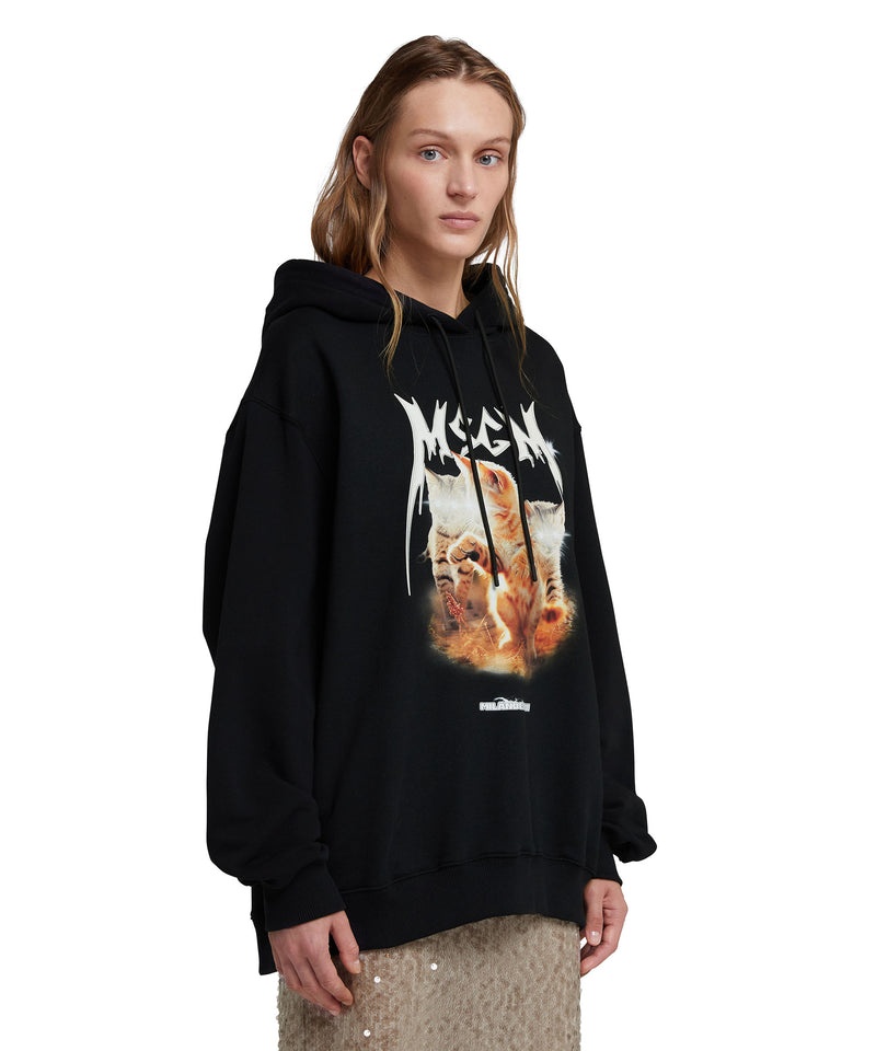 Black MSGM Hooded Sweatshirt With Laser Eyed Cat Graphic | USA_MSGM52816