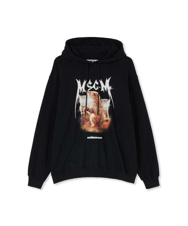 Black MSGM Hooded Sweatshirt With Laser Eyed Cat Graphic | USA_MSGM52816