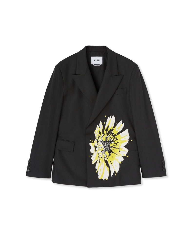 Black MSGM Jacket With Hidden Buttons And Daisy Print | USA_MSGM89202