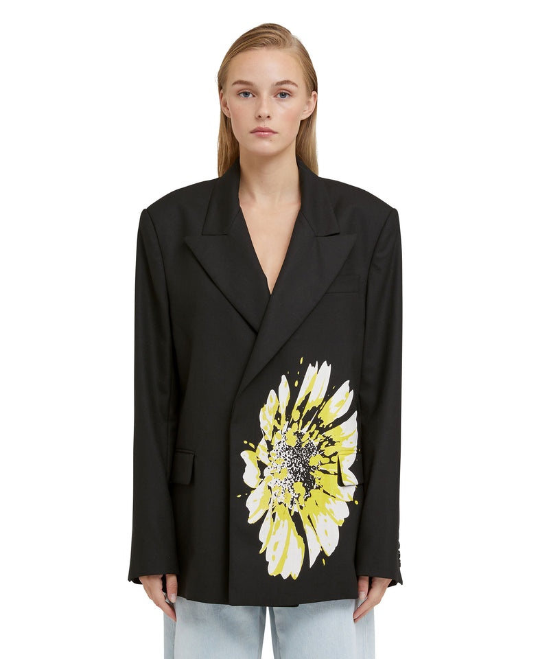 Black MSGM Jacket With Hidden Buttons And Daisy Print | USA_MSGM27063