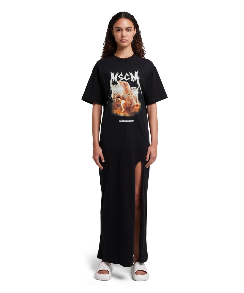 Black MSGM Long Dress With Laser Eyed Cat Print | USA_MSGM54950