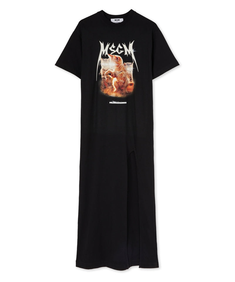 Black MSGM Long Dress With Laser Eyed Cat Print | USA_MSGM54950